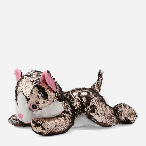 Lying Cat Stuffed Toy With Silver And Rose Gold Sequins For Kids