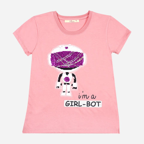 JUSTEES GIRLS' ROBOT PRINTED TEE IN PINK