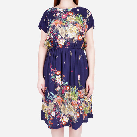 Smartbuy Ladies' Continuous Sleeves Round Neckline with Garter on Waist in Floral Print