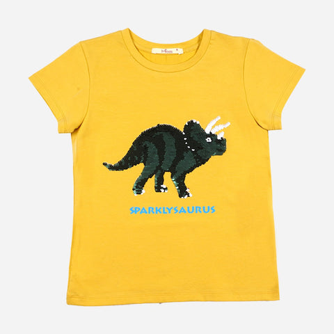 JUSTEES GIRLS' DINOSAUR TEE IN MUSTARD