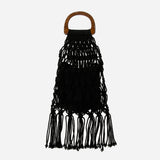 Macrame Handbag with Fringe and Wood Handle