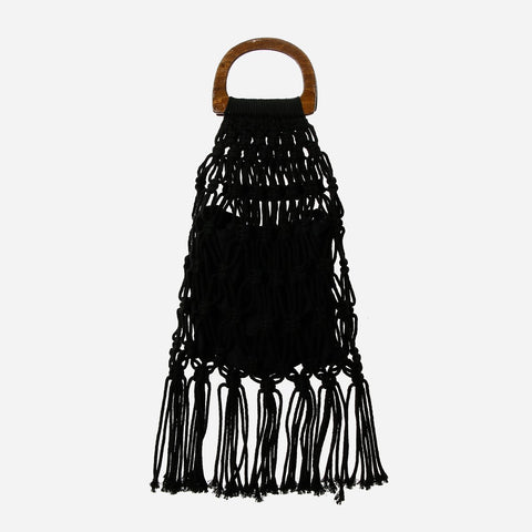 Macrame Handbag with Fringe and Wood Handle