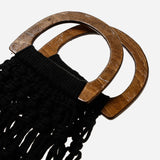 Macrame Handbag with Fringe and Wood Handle