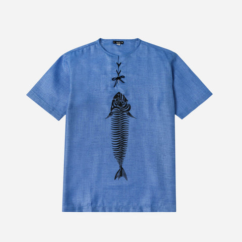 Hijo Linen Shortsleeves Shirt with Fishbone Print