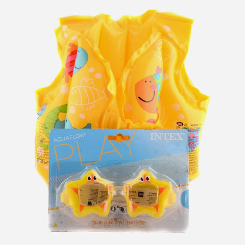 Intex Aquaflow Aquaplay Starfish Fun Goggles And Yellow Waterworld Swim Vest Summer Bundle For Kids