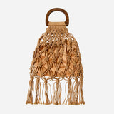 Macrame Handbag with Fringe and Wood Handle