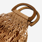 Macrame Handbag with Fringe and Wood Handle