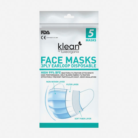 Klean By Luxe Organix Adults' 5-Pack 3-Ply Disposable Face