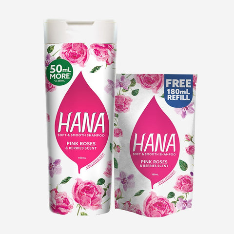 Hana Soft & Smooth Shampoo 400Ml With Free Refill Pack - Pink Roses And Berries Scent