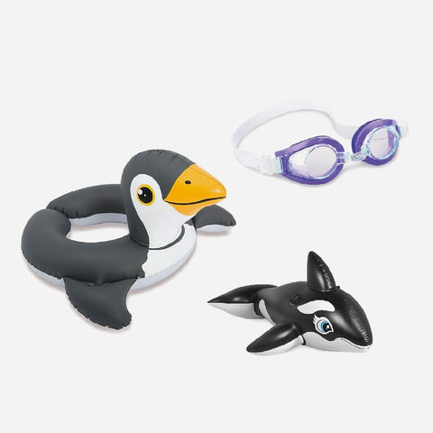 Intex Purple Aquaflow Play Goggles Soft Whale Floater And Penguin Animal Split Ring Swimming Set For Kids