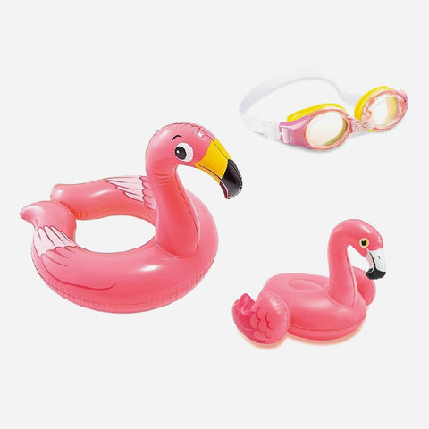 Intex Pink Aquaflow Play Goggles Flamingo Floater And Flamingo Animal Split Ring Swimming Set For Kids